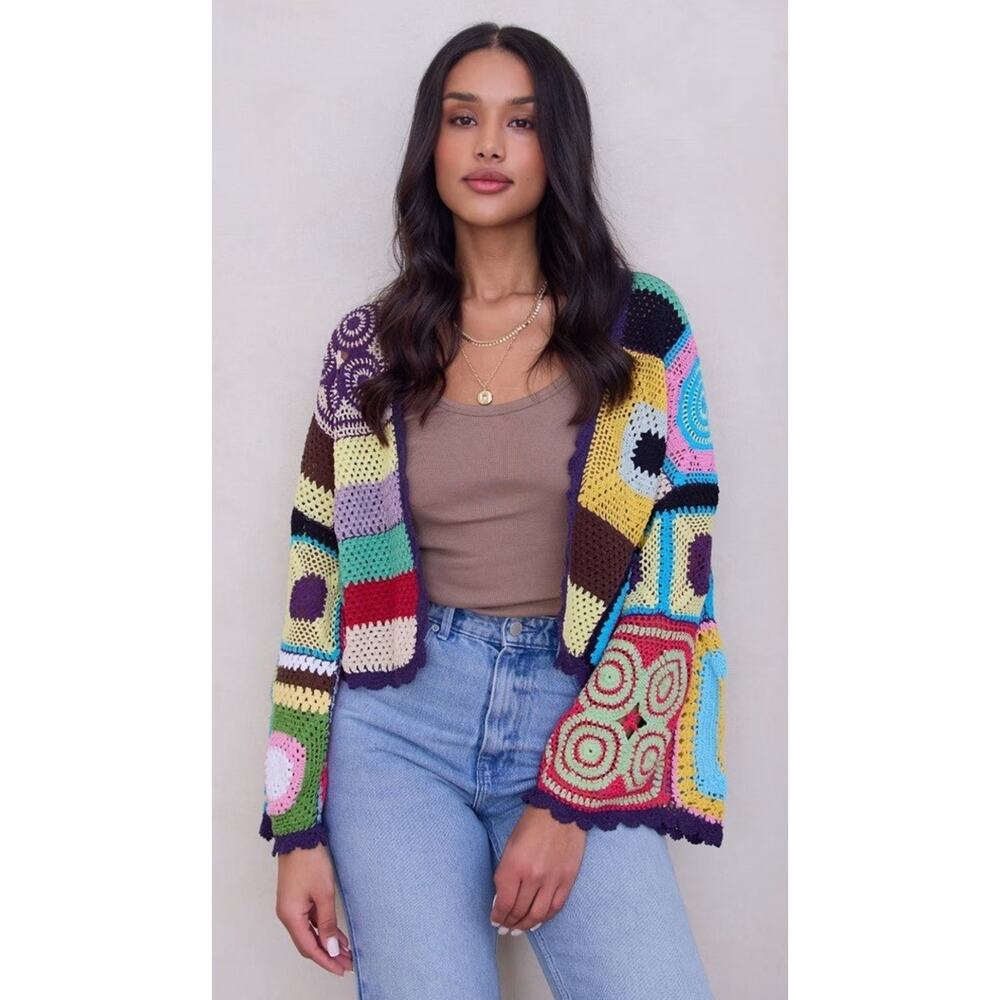 Saachi NWT $240 Women’s Hand crochet Color Block Cardigan O/S Multicolor Q11 - Picture 2 of 9